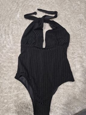 Black Ribbed Halter One-Piece Swimsuit